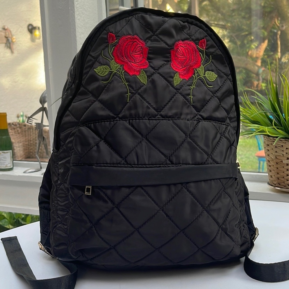 Embroidered Roses Black Quilted Backpack - Picture 13 of 16